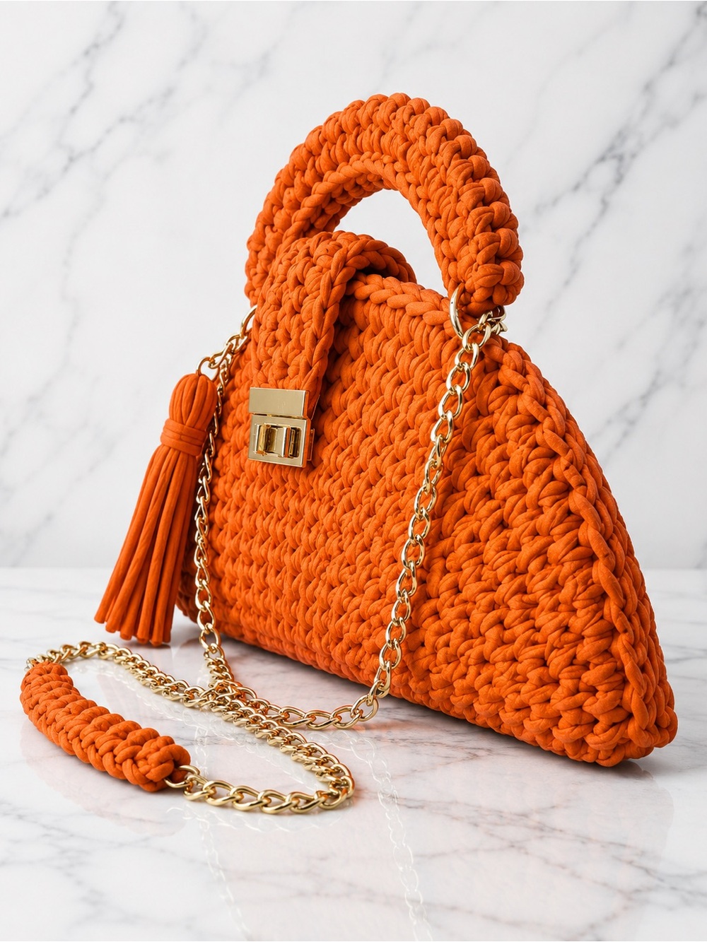 Handmade Crochet Knit, Top Handle Crossbody Satchel Bag with Gold Hardware - Picture 2 of 4